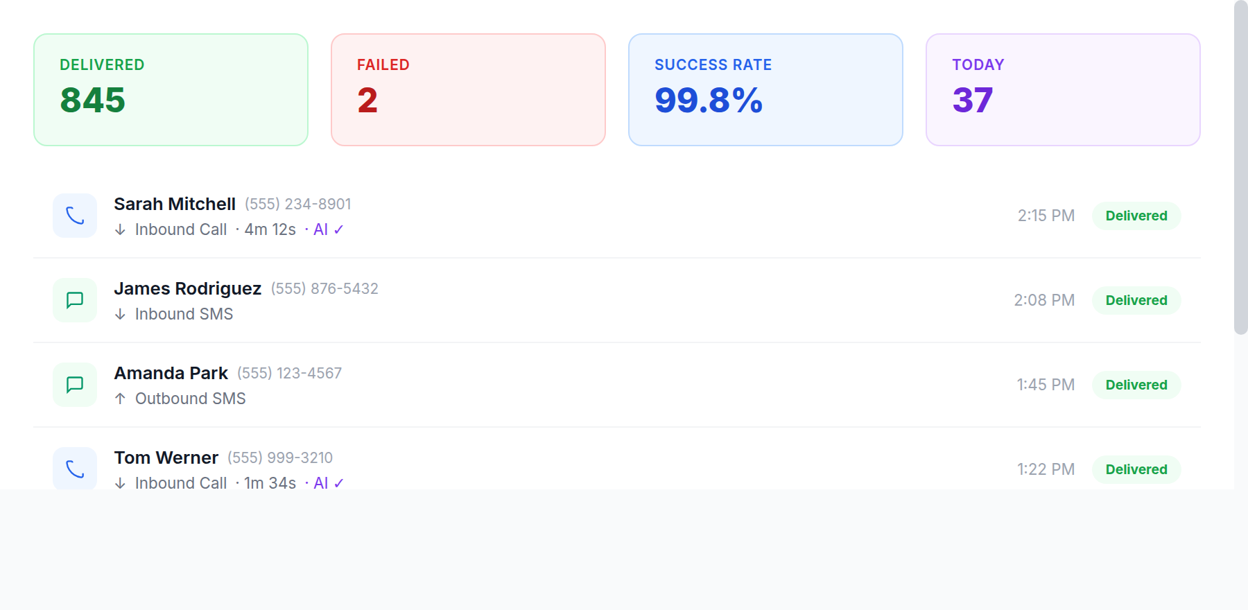 Callably communication log showing AI-handled inbound calls and messages with delivery and success rate tracking